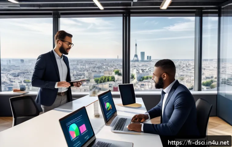 데이터과학과 데이터 웨어하우스 - A modern French office environment with a diverse team of professionals collaborating around a large...
