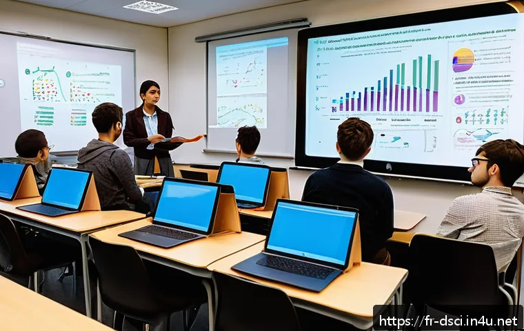 데이터과학자로 취업하기 위한 공부법 - A detailed classroom scene set in a modern French university, focusing on a diverse group of adult s...