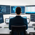 Home 23 데이터과학자 로드맵 2025 - A modern French data scientist workspace in 2025, featuring a sleek desk with multiple high-resoluti...