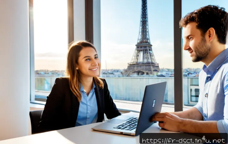 Home 17 데이터과학 취업 사례 연구 - Photorealistic career case study scene in a bright Paris coworking office, a young French data scien...